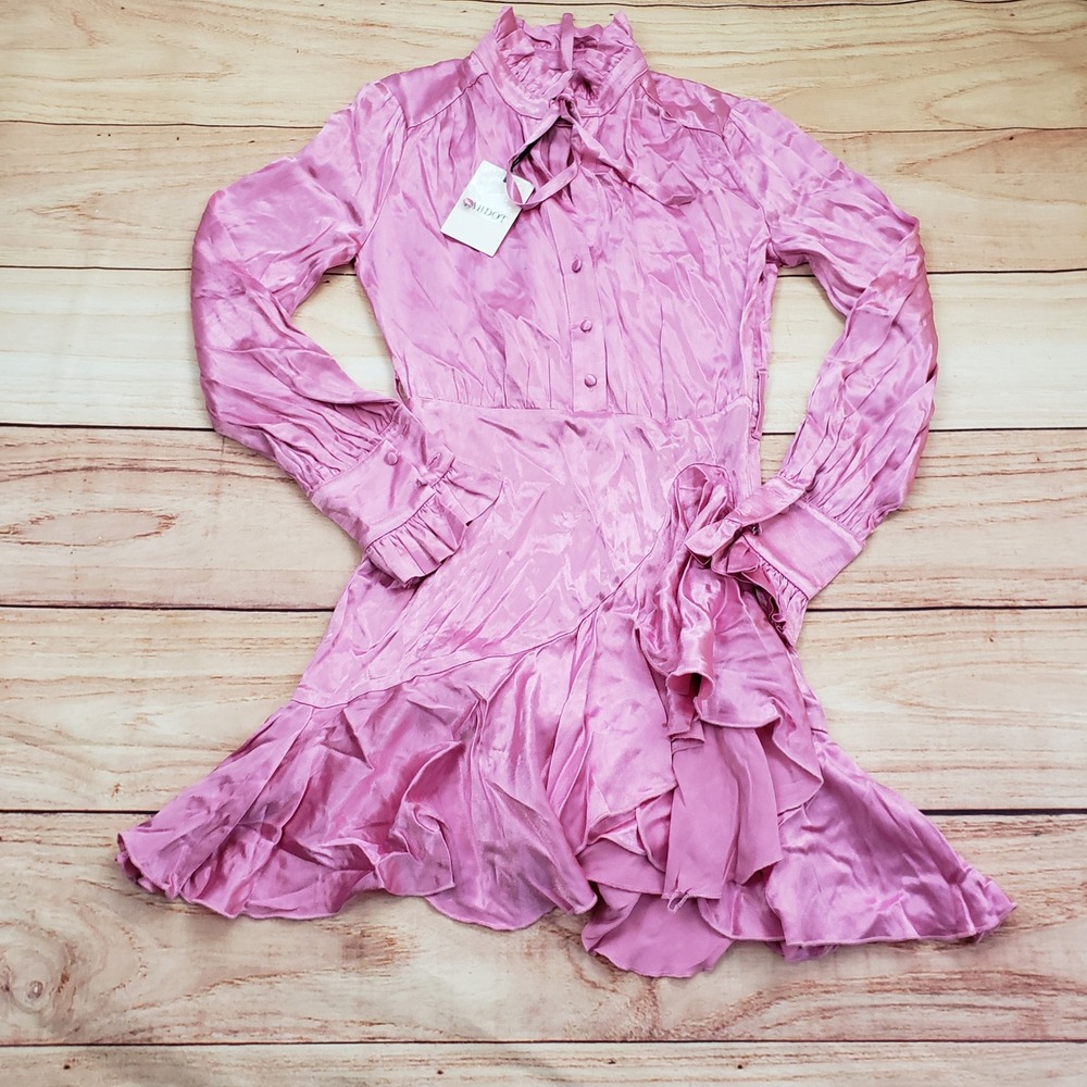 NEW Bardot Mini Dress Womens 2 Pink Ruffle Tie Neck Long Sleeve Cocktail Party